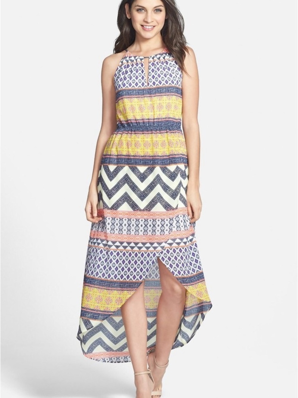 Sleeveless High-Low Printed Maxi Dress in Yellow & Navy Aztec Tribal XL
